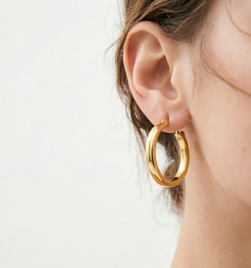 14K Gold Hoop Earrings for Women - Lightweight Classic Square Tube 14K Gold Earrings, Timeless Everyday Jewelry