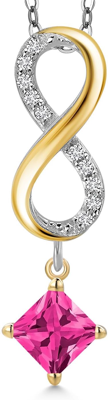 Gem Stone King 925 Silver and 10K Yellow Gold Pink Mystic Topaz and Lab Grown Diamond Pendant Necklace for Women | 1.68 Cttw | Gemstone November Birthstone | Princess 5MM | With 18 Inch Chain