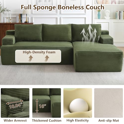 Image of 96.1 inch Modular Sectional Sofa Couches L-Shape Couch 3 Seat Modular Sofa Corduroy Memory Foam Sectional Boneless Couches for Living Room, Cloud Couch with Oversized Chaise(Green, Right Facing)