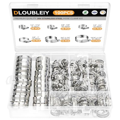 DLOUBLEIY 100PCS Hose Clamp Assortment Kit, Stainless Steel Worm Gear Clamp