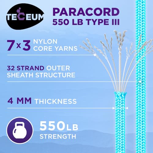 Image of TECEUM Reflective Paracord Rope 1000 - 1000ft /200ft /100ft /50ft - 40+ Colors - Glow in the Dark - para Cord - Utility Rope for Survival, Hunting & Camping Gear - Nylon String, Camping Rope, Tent Cord