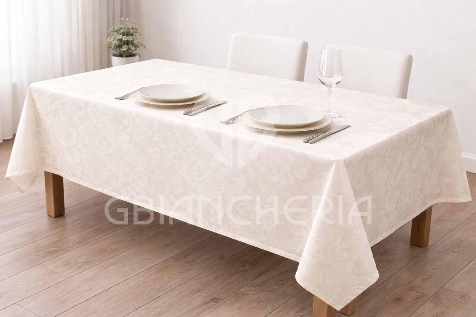 GBiancheria Tovaglia Elegante in Fiandra di Cotone Damascata, Stile Classico AVORIO 100% Made in Italy (Set 6 Tovaglioli 50x50cm)