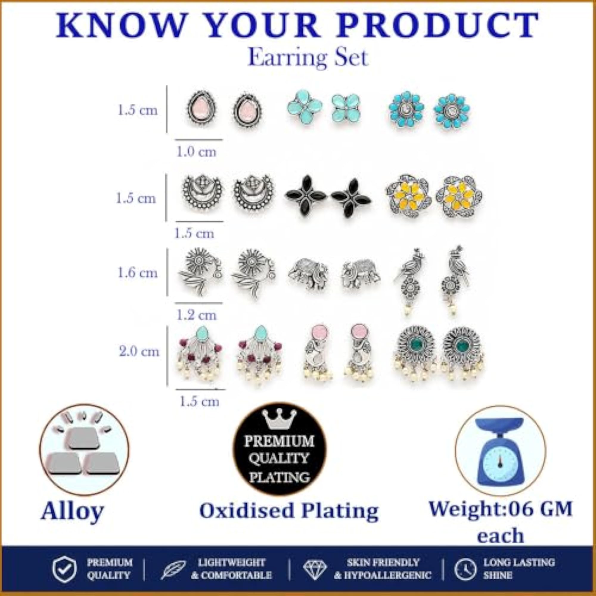 Oxidized Stud Earrings Set of 12, Traditional & Modern Styles