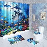 4 Pcs Dolphin Shower Curtain Set with Rugs, Toilet Lid Cover Bath Mat ,Blue Ocean Sea World...