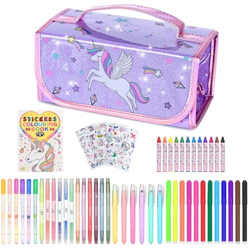 nasominako 54 PCS Washable Scented Markers Set for Kids, Unicorn Colouring Set for Kids Ages 4-8, Art Supplies for Girls 4-8 Year Old, Unicorn Pencil Case, Christmas Birthday Gift