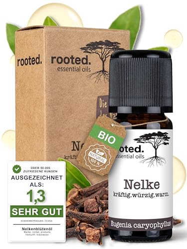 rooted.® Bio Nelkenöl 10ml [100% NATURREIN] - Echte Gewürznelke - Eugenia Caryophyllus - Ätherisches Öl für Aromatherapie, Duftlampe, Diffusoren, Raumduft, Duftkerzen und -Seifen