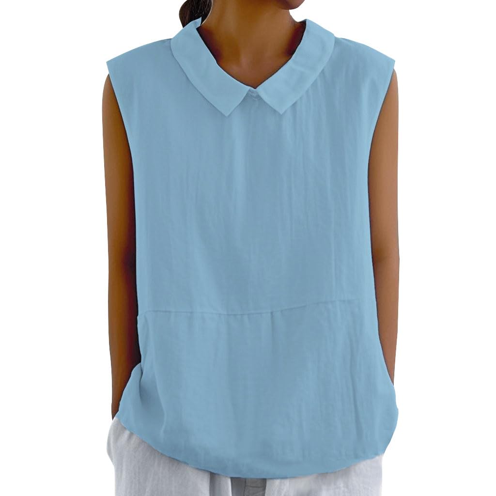 Womens Cotton Linen Tank Tops Sleeveless Collared Shirts Summer Solid Cute Dressy Casual Loose Fit Blouses