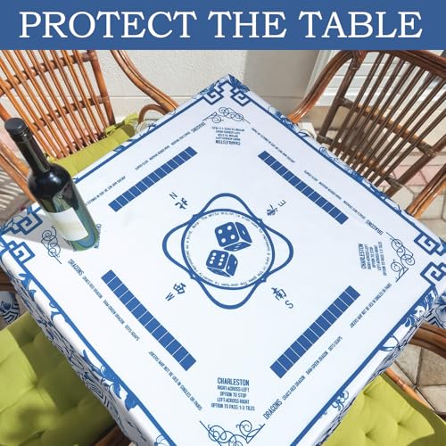 Oudain Chinoiserie Mahjong Tablecloth Florals Card Table Cloth 55x 55 Inch Square Tablecloth Game Table Cover with Game Rules for Mahjong Beginners, Card, Board Tile Games(Blue and White) by Oudain - Used condition - Image 5