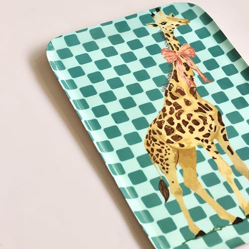 Image of The Wishing Chair High Society Metal Wall Plate | Decorative Iron Wall Art with Giraffe Design & Teal Checkered Pattern | Quirky Animal Wall Hanging Decor for Living Room, Bedroom & Kids Room