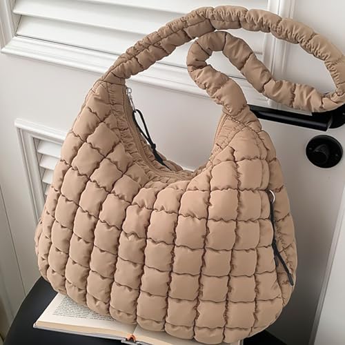 Image of Puffer Tote Bag for Women Large Quilted Tote Bag with Zipper Nylon Lightweight Hobo Handbag Padding Shoulder Purse (Khaki)