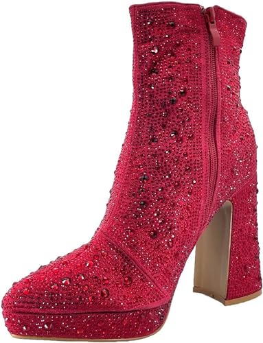 Forever Link Women's Rhinestone Boots Ankle Boots Pointed Toe Chunky High Heel Platform Booties3