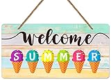 FLYAB Hello Summer Door Sign, 6'x12' Farmhouse Summer Decor Sign, Ice Cream Summer Hanger Sign, Welcome Sign for Front Door Porch Home Wall Kitchen Office Decorations