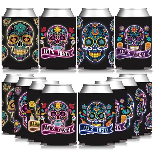 APINWIN Black Mexican Fiesta Skull Face Can Sleeve Holder 12PCS, Dia De Muertos Death of the Day Beverage Drink Bottle Cooler Cover, Cinco de Mayo Birthday Bridal Shower Bachelorette Gift Decorations
