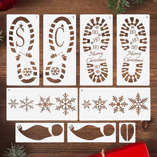 CCINEE 9pcs Christmas Santa Footprint Stencil for Floor Santa Claus Boot Prints Snowflake Stencils Kit for Painting Template Xmas Holiday Decorations