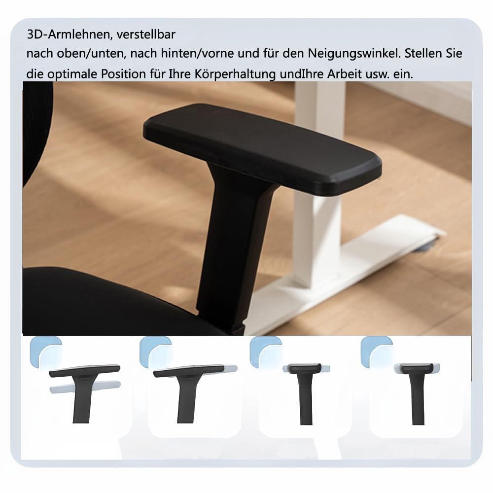 Ergonomischer Kniestuhl mit Rückenlehne, Schwarz, Bürostuhl mit Armlehnen und Fußstütze, Verstellbarer Doppelrücken-Kniehocker auf Rollen