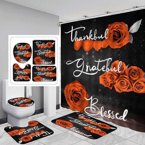 4Pcs Orange Rose Shower Curtain Sets Thankful Grateful Blessed Bathroom Curtain with Non-slip Rug Toliet Lid Cover Bath Mat and 12 Hooks Juice Flower Romantic Showy Floral Farm Fall Decor for Bath
