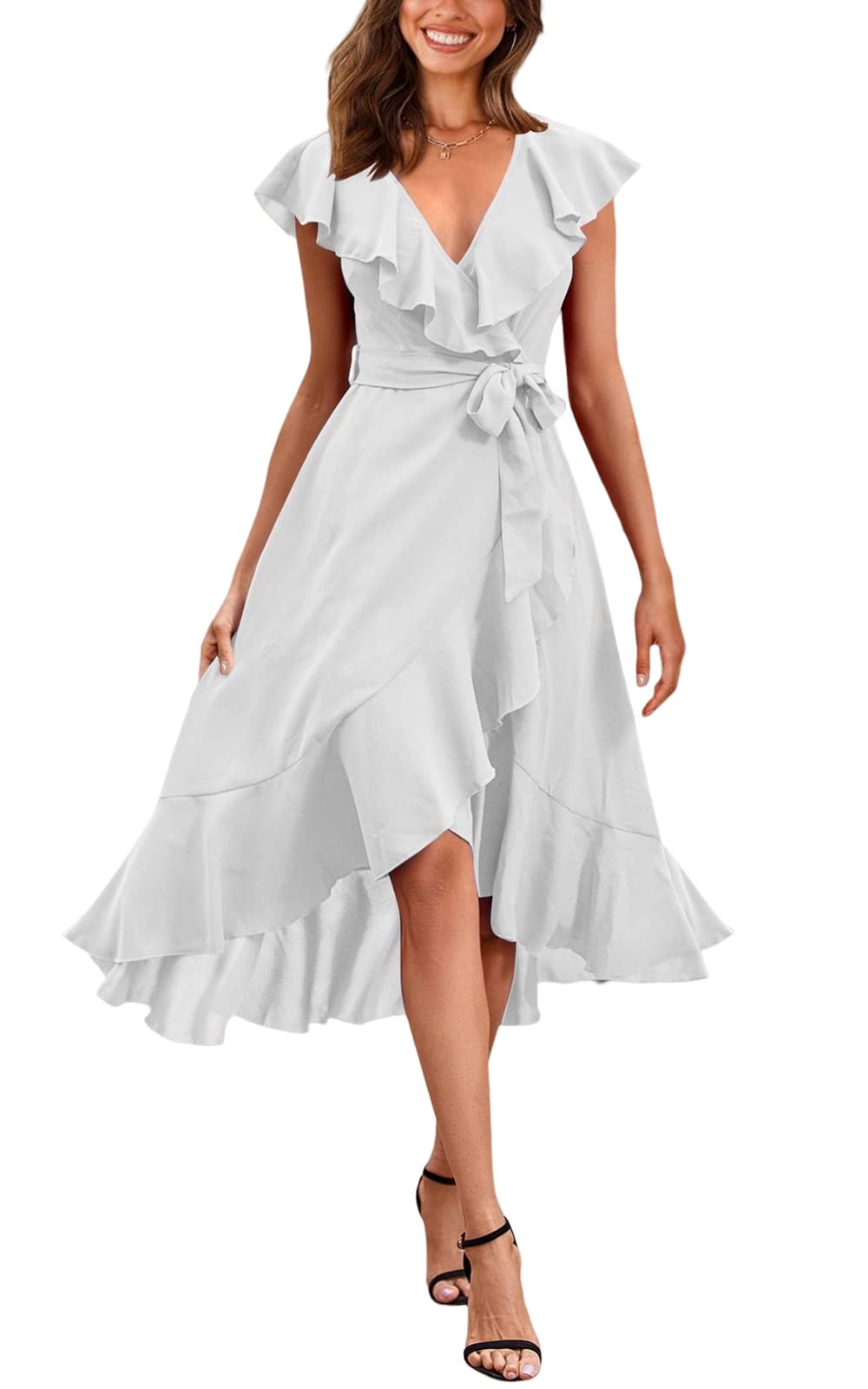 PRETTYGARDENwomens Cap Sleeve Ruffle Spring Dresses for Women 2024 Midi Dress Casual Dress