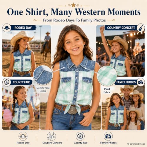 Image of Bienzoe Western Plaid Girls Shirt: Sleeveless Button Down