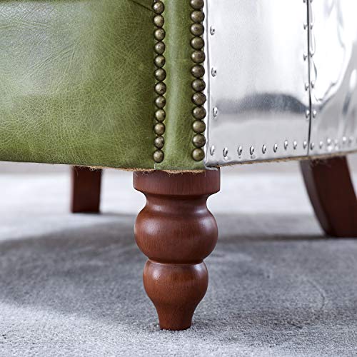 Volans Genuine Leather Chair, Vintage Mid Century Genuine Leather Accent Chair With Wood Legs, Industrial Aluminum Wrapped And Riveted Arm Chair, Emerald #TOP7