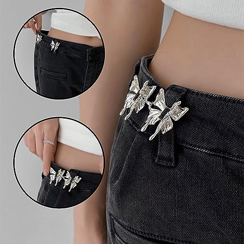 ZIBUYU® 2 Sets Jeans Tightening Clips, Jeans Adjustable Pins for Women, Alloy Butterfly Adjustable Jeans Button Pins for Loose Pants and Dress