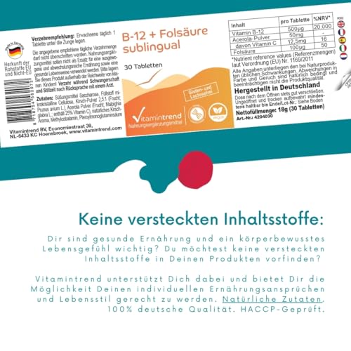 Vitamintrend Vitamin B12 500 µg + Folsäure 100 µg sublingual, 30 Tabletten, mit Acerola, hochdosiert, Nahrungsergänzungsmittel vegan, in Deutschland hergestellt
