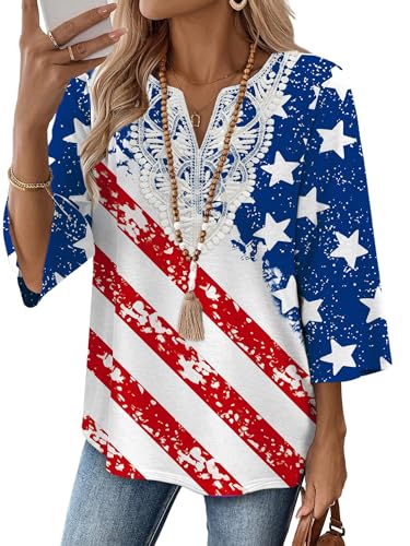 Image of WIHOLL 3 /4 Length Sleeve Womens Tops Boho V Neck Lace Shirt Trendy Blouses Dressy Casual Vacation Clothes S-3XL