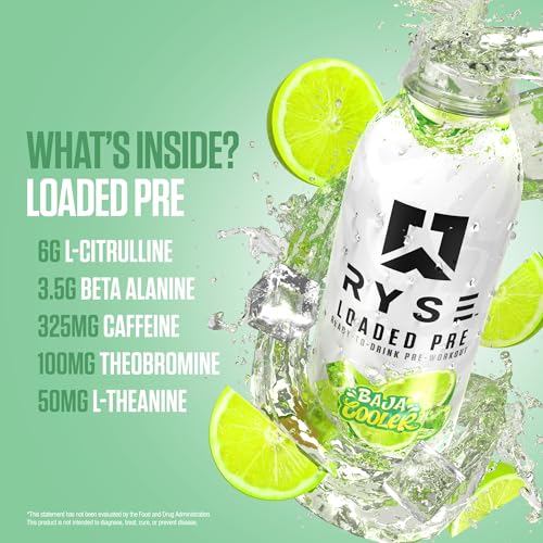 Image of RYSE Loaded Pre Workout Drink - Baja Cooler - Sugar-Free, Ready to Drink Energy Supplement with 325mg Caffeine, Citrulline & Beta Alanine for Focus & Pump - 12 fl oz Bottles (Pack of 12)