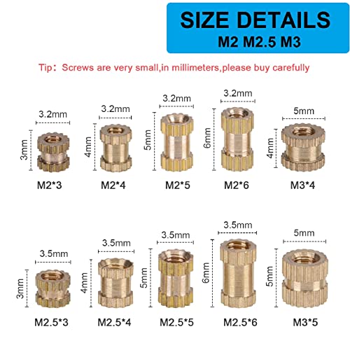 Meiyyj 500Pcs M2 M2.5 M3 Metric Female Thread Knurled Brass Threaded Insert Embedded Nuts Assortment Kit,Double Pass Knurl Nuts Copper Embedded Fastener For Furniture Electrical And More Projects #TOP1