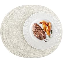 Romanstile Round Placemats Set of 4, Reversible Faux Leather Table Place Mats 100% Waterproof Oil-Proof Non-Slip Wipeable Double-Sided Vinyl Table Mats for Kitchen/Dining/Party, Beige