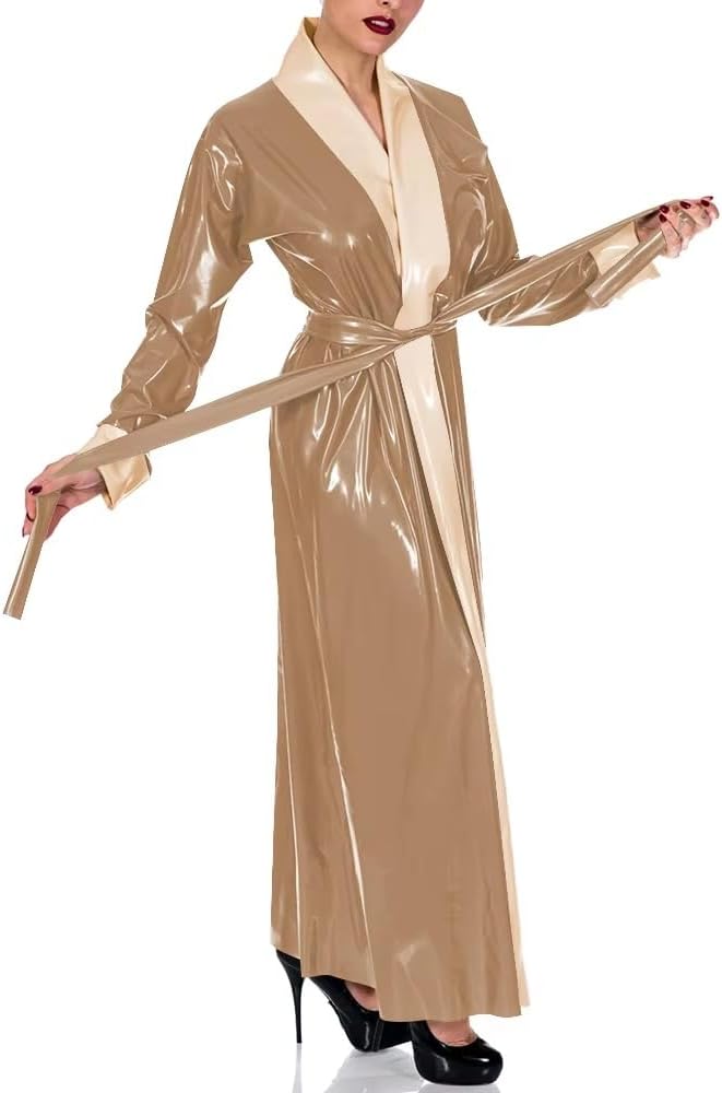 Sexy PVC Leather Long Robe Maxi Night Gown Shiny Lingerie Gown Cosplay Party Belted Coat