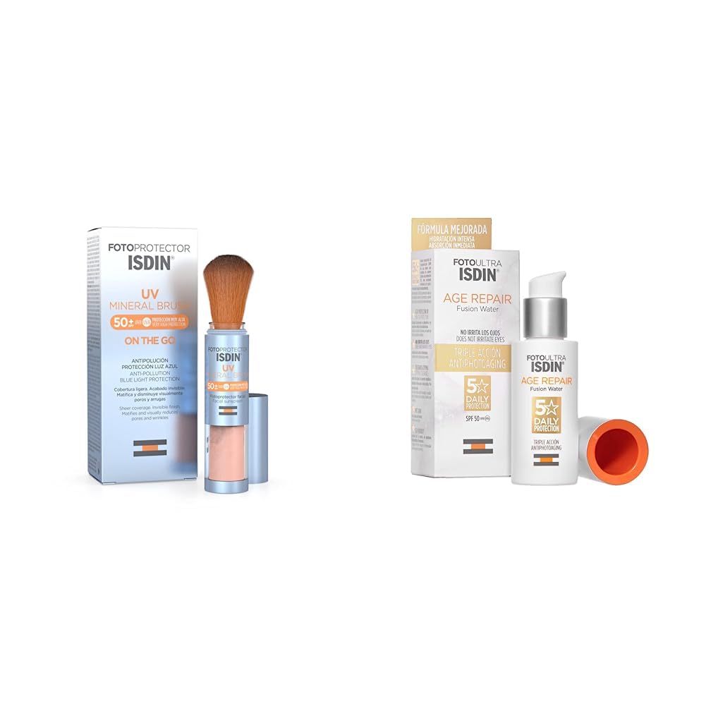 ISDIN Fotoprotector Uv Mineral Brush Spf 50+, Protector Solar Facial De Uso Diario On The Go, 2 G + FotoUltra Age Repair Fusion Water SPF 50, 50ml