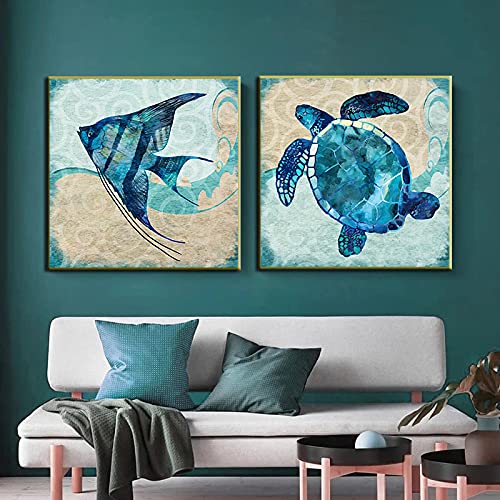 Affiche Tortue Poisson peinture abstraite bleue sur toile pour decoration murale 80x80cm