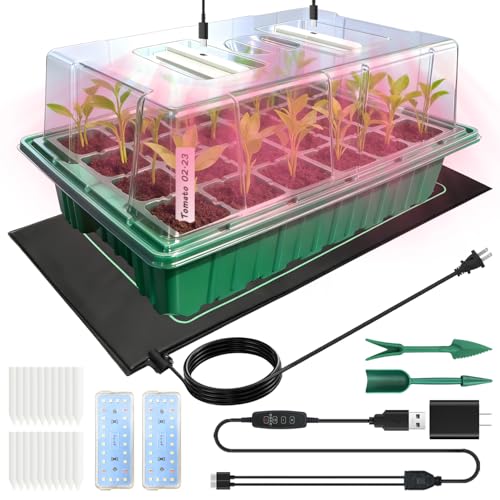 Seed Starter Tray with Grow Light and Heat Mat, Seed Starter Kit with Humidity Dome and Timing Controller, Adjustable Vent and Brightness, Ideal Germination Tray for Seed Starting and Seedling Growing