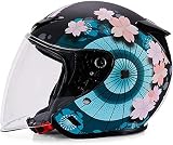 Classic Vintage Open Face 3/4 Helmet,Cute Flower Pattern Motorcycle Half Helmet with Sun Visor,Adult Retro DOT Approved Helmet for Men Women Scooter Light Moped ATV Street Helmet