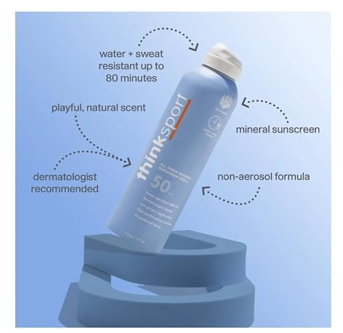 Thinksport SPF 50 All Sheer Mineral Sunscreen Spray – Waterproof Sport Sunscreen Lotion – Safe, Natural Zinc Oxide UVA/UVB Sun Protection, 6 Fl oz
