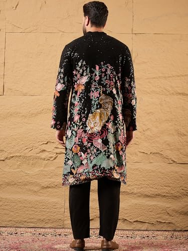 Image of Men Black Georgette Embroidered Solid Calf Length Kurtas | Mens | Solid Kurta's for Mens | Straight Fit Kurta for Men's