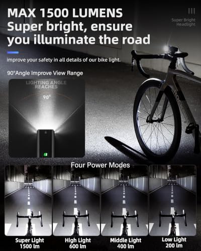 ROCKBROS 1500/1000 Lumens Bike Light Bright Bicycle Headlight Front Light | Super Bright LED Bike Light for Night Riding, USB Rechargeable, IPX6 Waterproof, 5 Modes, Suitable for Road Mountain e bikes - Image 3