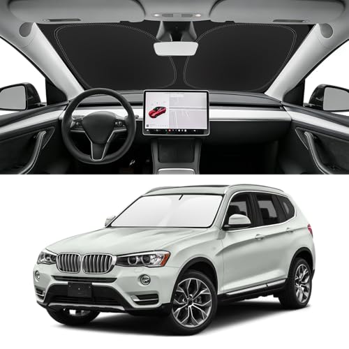 Image of Custom Fit Windshield Sun Shade for BMW X3 2011-2017 | Blocks UV Rays and Sun Heat, Helps Reduce Interior Temperature, Protects Dashboard from Fading, Folds Easily for Storage
