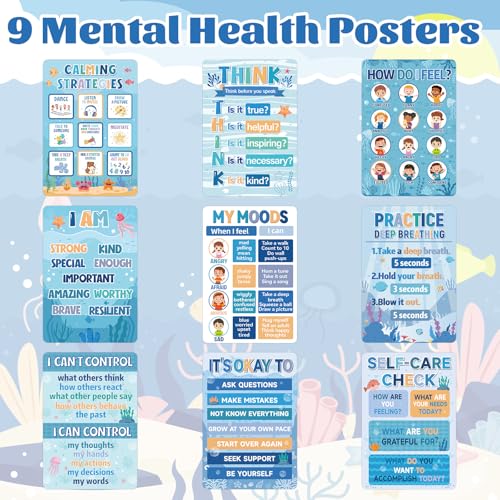 Image of 9Pcs Calming Corner Posters, 13.4 inchx9.2 inch Ocean Theme Calm Down Corner Poster for Classroom Bulletin Boards, Educational Behavior Charts for Elementary Middle Back to School Wall Decorations Teacher Must Haves