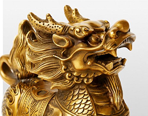 Feng Shui Set of Two Golden Brass Chi Lin/Kylin Wealth Prosperity Statue + Set of 10 Lucky Charm Ancient Coins on Red String , Home Decoration Attract Wealth and Good Luck