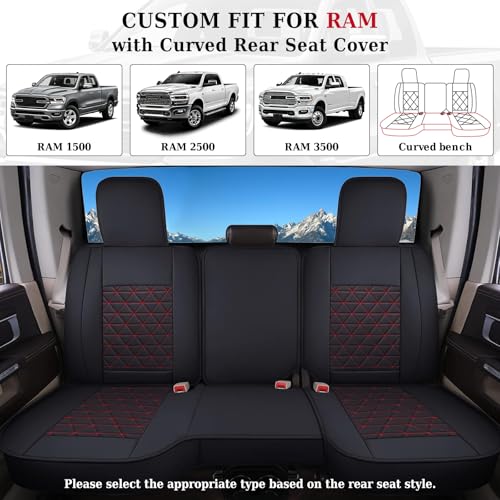 Image of Coverado Seat Covers for Dodge Ram Full Set, Waterproof Truck Car Seat Cover Protectors Custom Fit for 2002-2026 Dodge RAM 1500 2500 3500 with Curved Bench(Red)