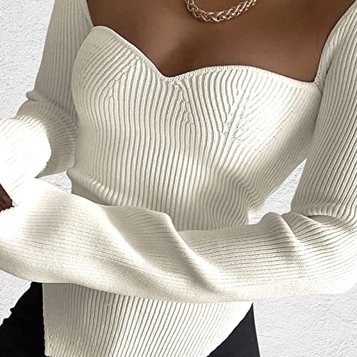 Acosap Women's Square Neck Ribbed Knitted Sweater Long Sleeve Crop Slim Fitted Basic Pullover Tops White #TOP3
