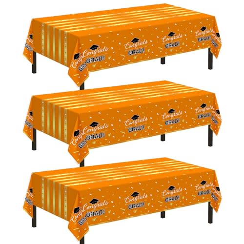 Childom 3 Pack Graduation Tablecloth,Graduation Decorations 2026 Graduation Party Decoration,54"x108" Orange and Gold Graduation Tablecloth,Disposable Plastic Tablecloth Rectangle for Graduation Party