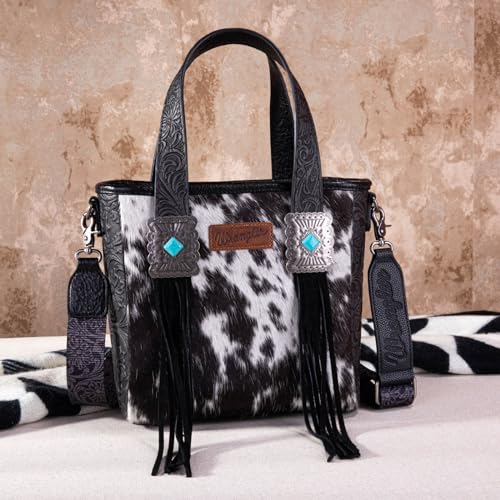 Image of Montana West Wrangler Cowhide Tote Bag for Women Western Tooling Handbag Leather Fringing with Turquoise Stone Concho