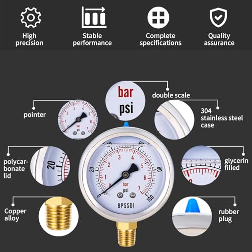 Image of 0-100 Psi Pressure Gauge, Glycerin Filled, water pressure gauge, 2-1 /2 inch Dial, 1 /4 inch NPT Lower Mount, Stainless Steel Case, for Pneumatic Regulator Air Compressor RV Regulator Water Pressure Test