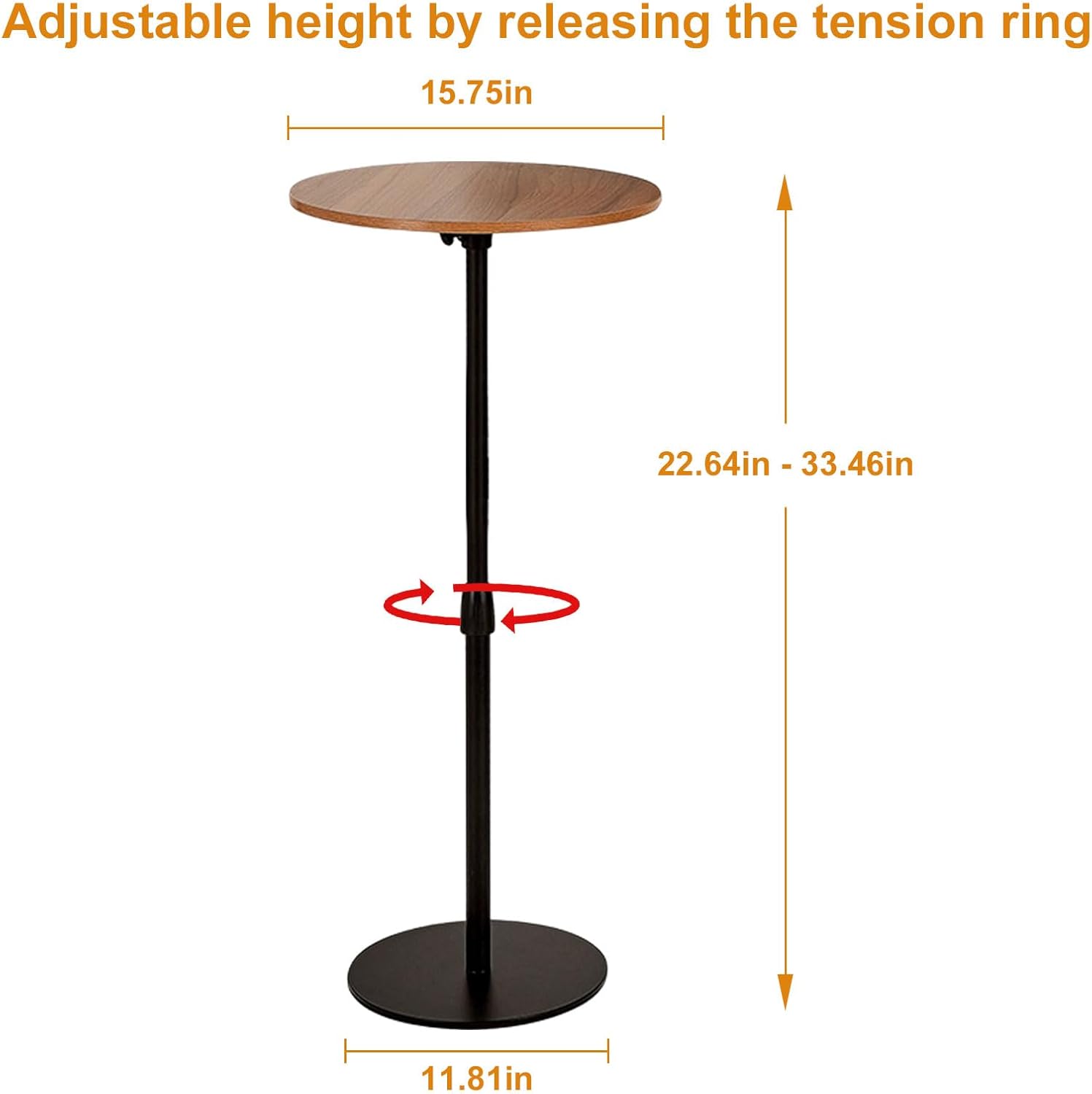 Bar Table 15.75inch Small Round Top Adjustable Height 22.64-33.46in Multifunctional Side Table for Pub Bar Dining Bistro Cafe