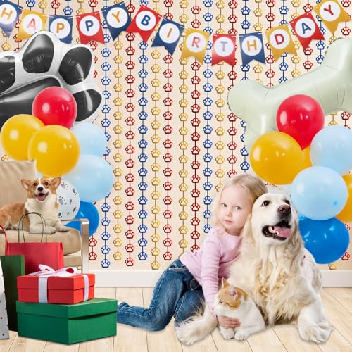 Paw Birthday Decorations Dog Paw Party Decorations Paw Streamers Balloons 3.3 x 6.6ft Foil Fringe Curtains Puppy Photo Booth Prop Backdrop for Kids Boys Girls Birthday Party Decor