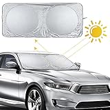 Universal fit Fit for windshields that do not exceed 137*64.5 cm (THE SUNSHADE Size: L = 150cm , W = 70cm, Ring Diameter = 64.5cm) The size is manual measured with 1-2cm error, maeasure your windscreen first.