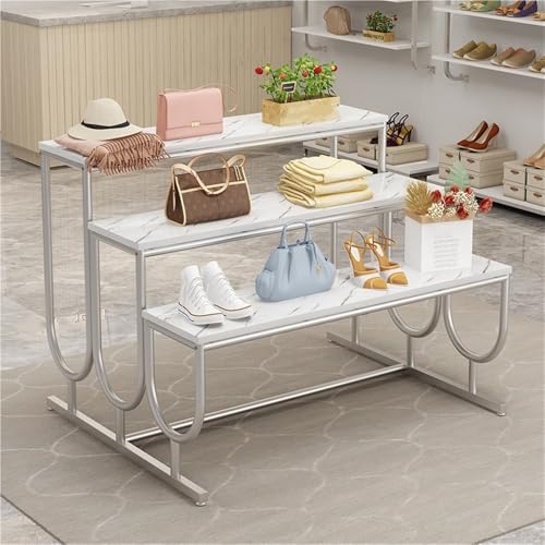 YRPZIQF Three-Tier Retail Display Table, Stepped Tiered Display Stand, Retail Display Shelves for Clothing Stores, Industrial Standing Display Shelf for Garment, Handbag, Shoe(Silver,100cm/39.4in)