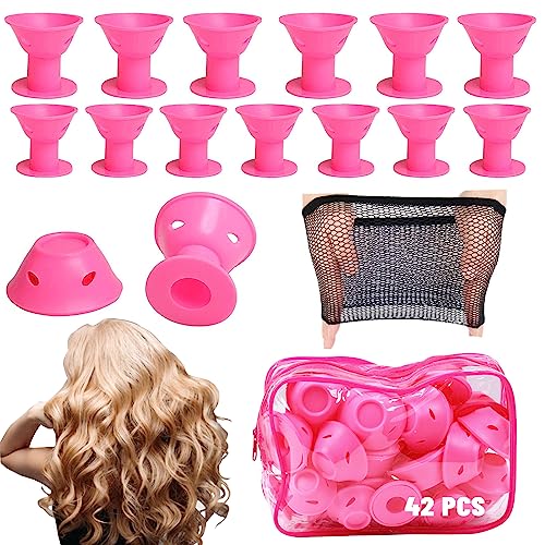 42PCS Heatless Hair Curlers Including 21PCS Large and 21PCS Small Hair Rollers for Short Long No Heat Curlers Sleep Soft Silicone Hair Rollers With Net and Storage Bag (Pink)